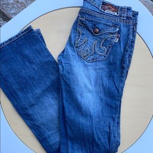 MEK DNM USA slim boot distressed embroidered jean